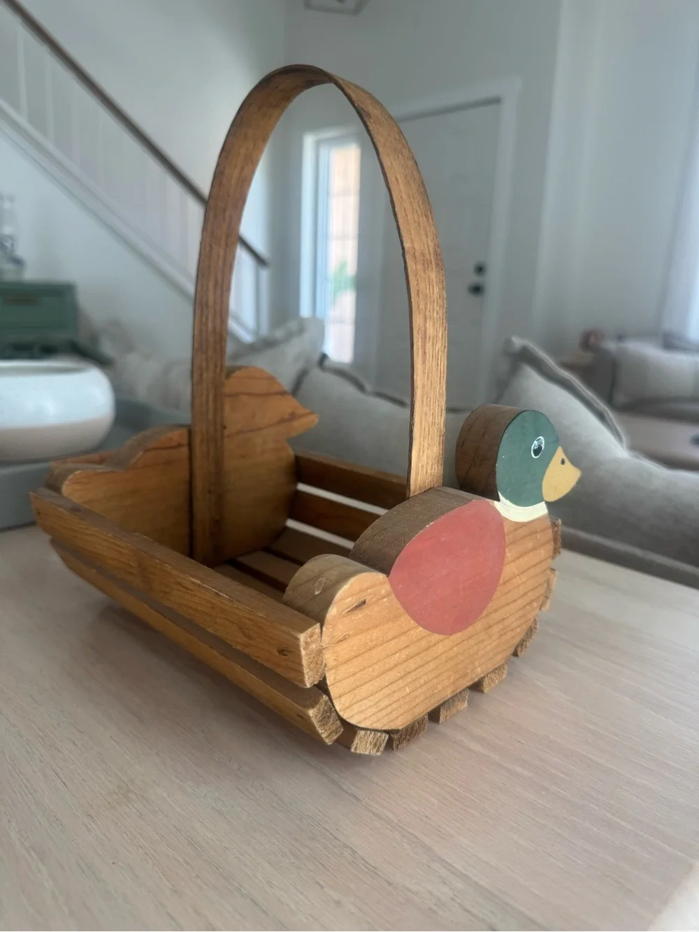 Vintage Handcrafted Wooden Duck Basket - Brown with Red & Green Accents